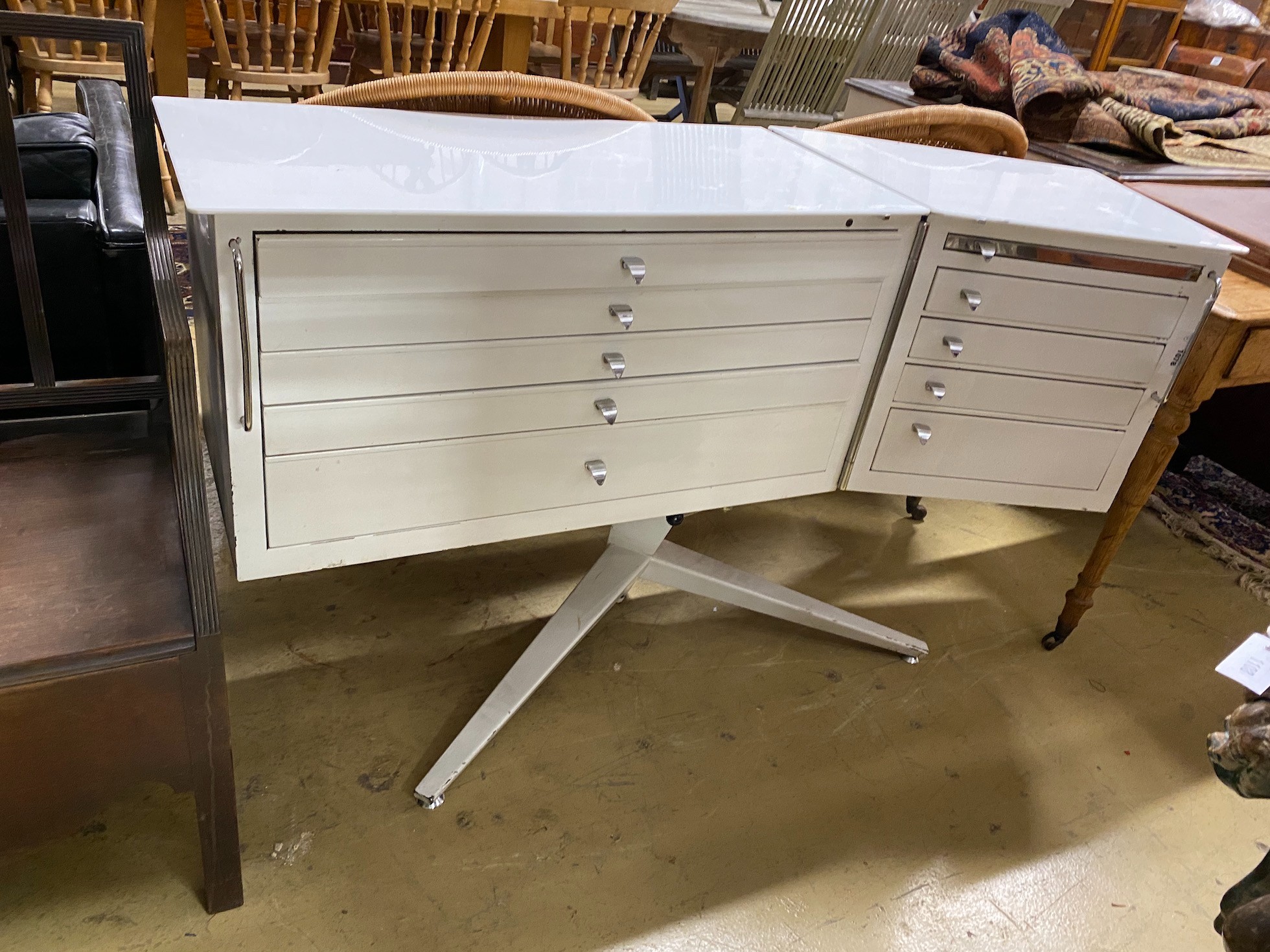A white lacquered metal medical cabinet, width 148cm, height 86cm